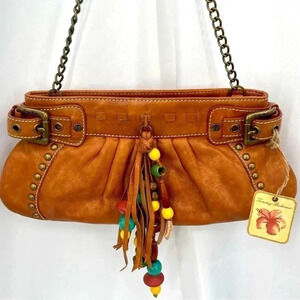 Tommy Bahama Genuine Leather Clutch Purse Tan Tassels Aruba Chain Strap EUC